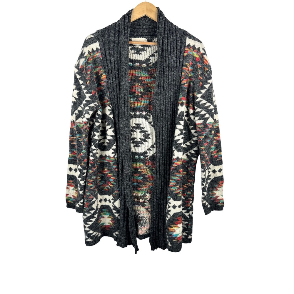 Dreamers Cardigan M Gray Southwestern Boho Aztec Shawl Collar rodeo 90s